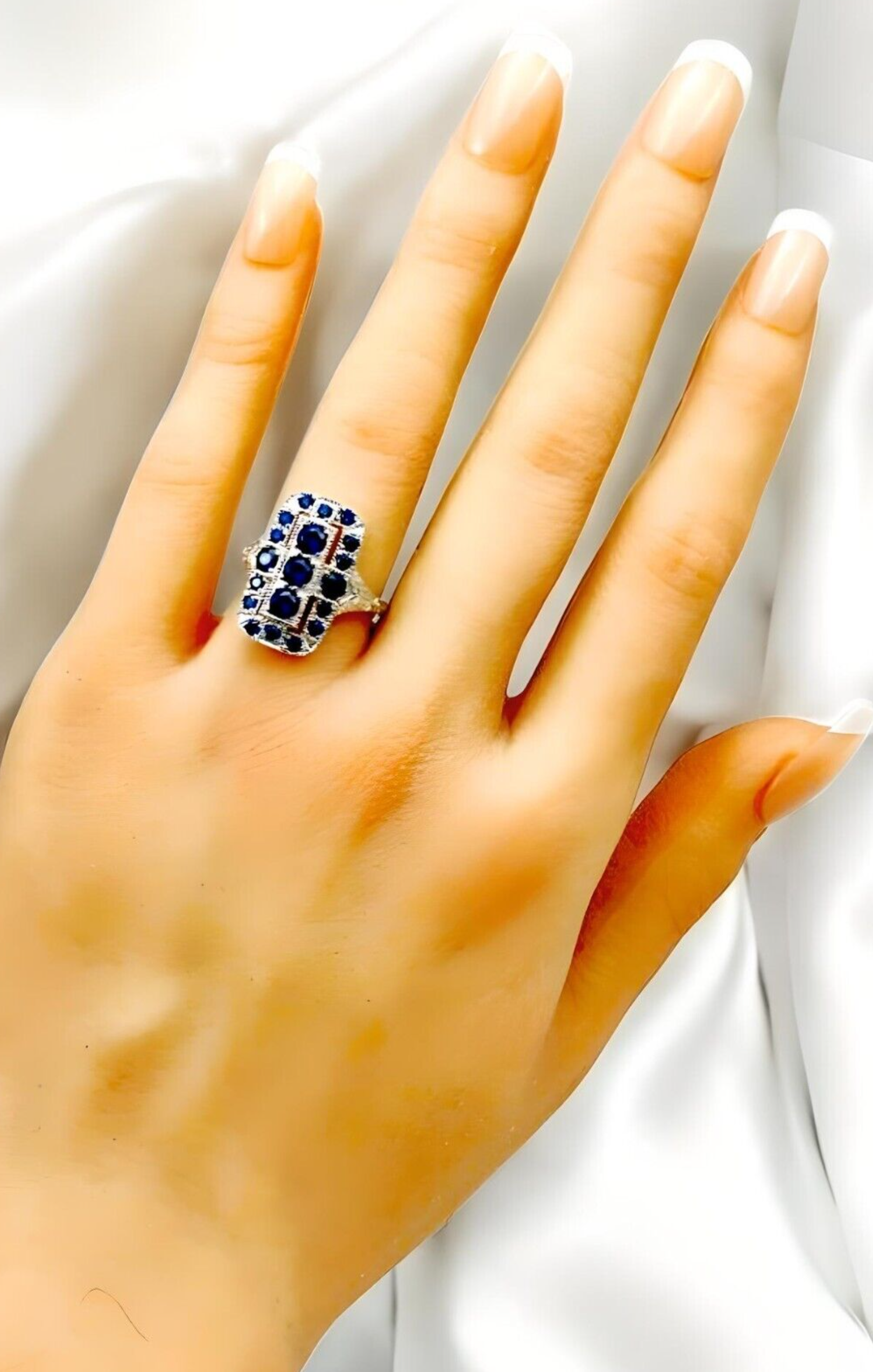 VINTAGE STYLE 925 STERLING SILVER SIMULATED SAPPHIRE RING RHODIUM PLATED 1763