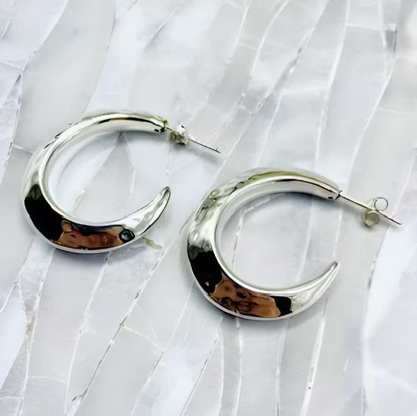 925 STERLING SILVER HAMMERED FINISH PUSH BACK HOOP EARRINGS LIGHTWEIGHT 1586
