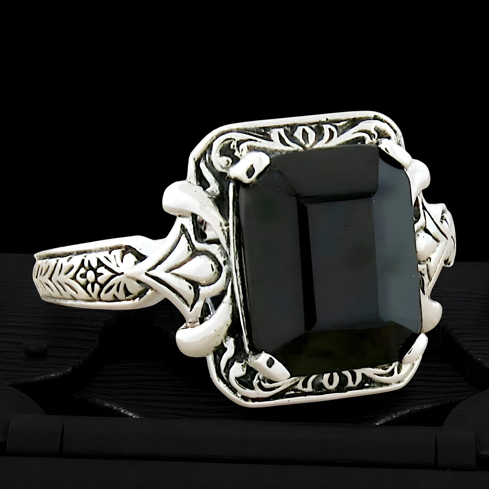 VINTAGE STYLE BLACK AGATE 925 SOLID STERLING SILVER FILIGREE RING      171