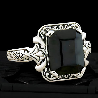VINTAGE STYLE BLACK AGATE 925 SOLID STERLING SILVER FILIGREE RING      171