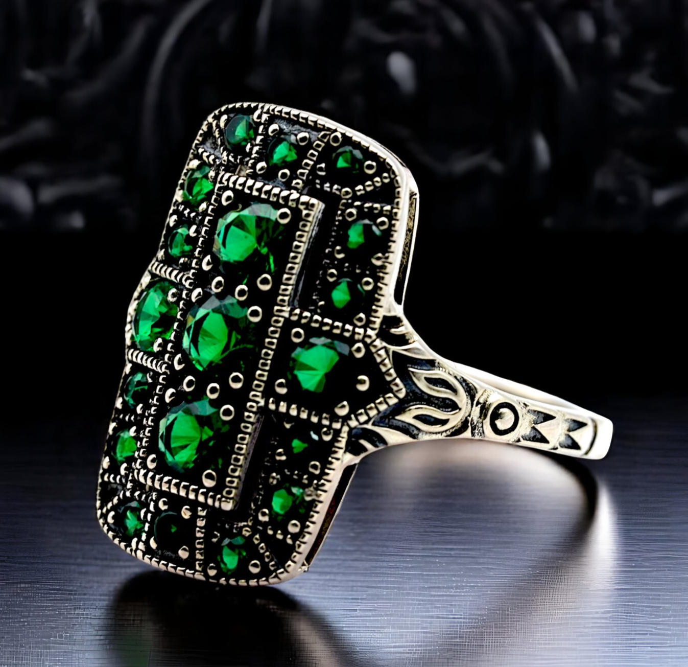 VINTAGE STYLE SIMULATED EMERALD 925 SOLID STERLING SILVER FILIGREE RING 1750