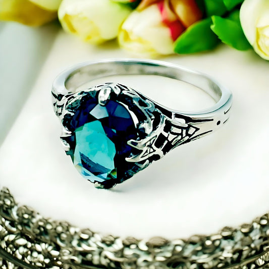 925 SOLID STERLING SILVER LONDON BLUE SIMULATED TOPAZ VINTAGE DESIGN RING   1370