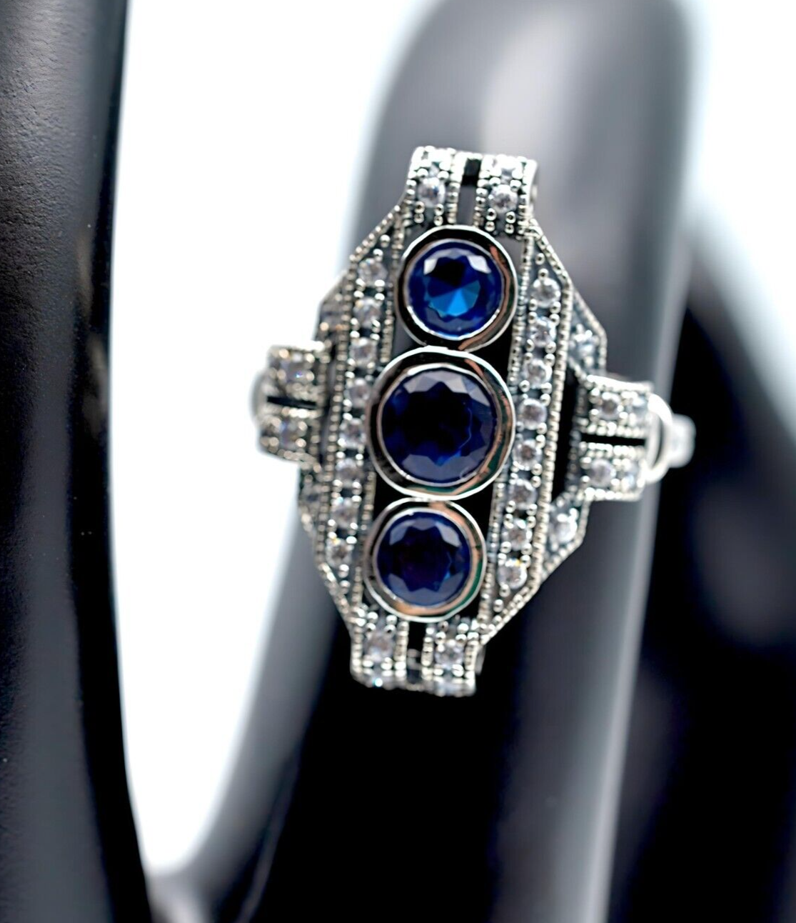 VINTAGE STYLE ROYAL BLUE SIMULATED SAPPHIRE & CZ 925 STERLING SILVER RING 1809
