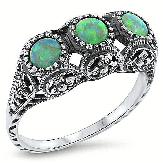 3 STONE ANTIQUE STYLE 925 STERLING SILVER LAB-CREATED GREEN FIRE OPAL RING  #415