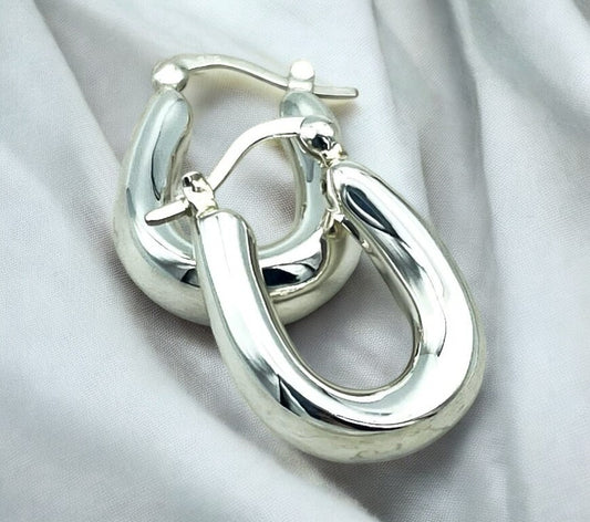 925 Sterling Silver Oval Hoop Earrings Latch Back, Comfortable All-Day Wear 1476