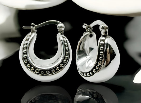 925 STERLING SILVER CHUNKY COBBLESTONE HOOP EARRINGS LIGHTWEIGHT 1555