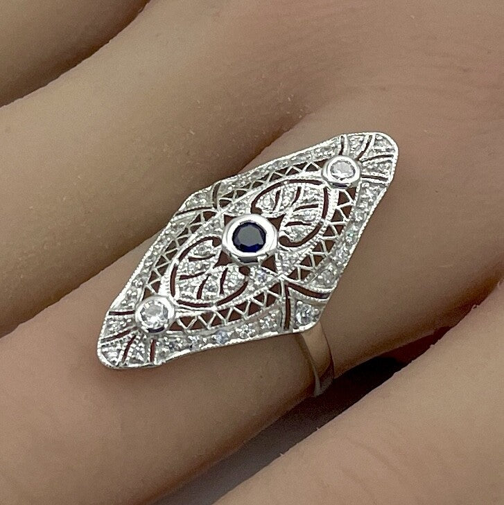 925 STERLING SILVER ART DECO STYLE LAB-CREATED SAPPHIRE & CZ RING           833z