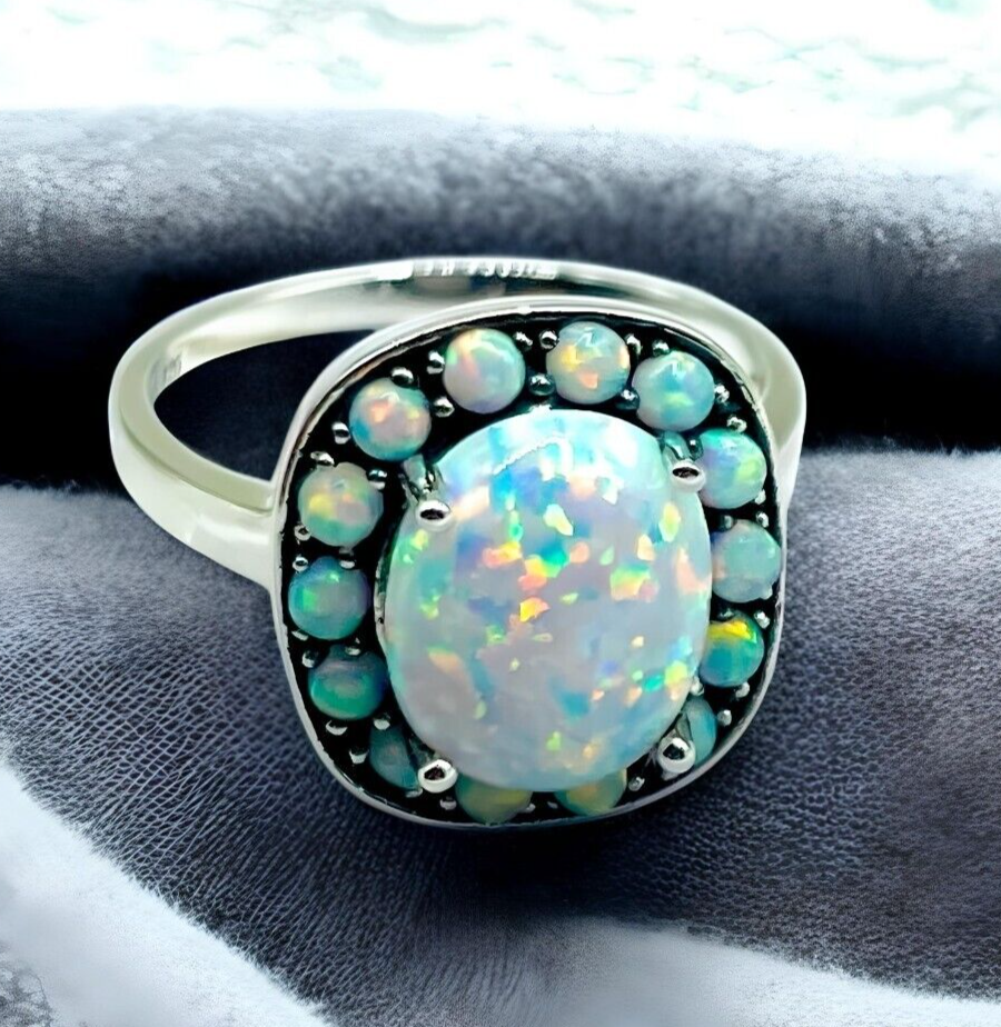VINTAGE STYLE 925 SOLID STERLING SILVER WHITE LAB-CREATED OPAL RING 1817