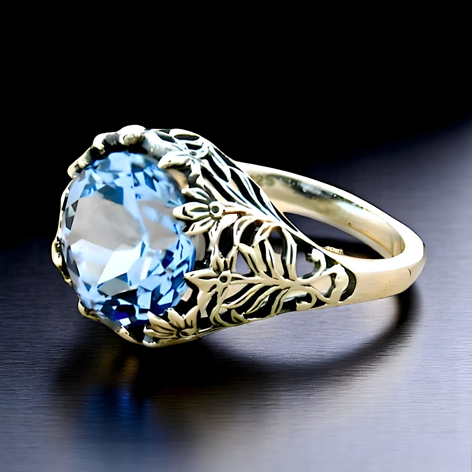 VICTORIAN STYLE FILIGREE 925 SOLID STERLING SILVER SIMULATED AQUAMARINE RING 738