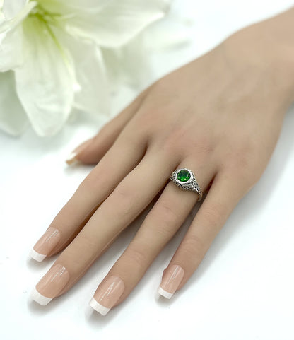 925 STERLING SILVER ANTIQUE STYLE VINTAGE DESIGN EMERALD CZ RING           #1217