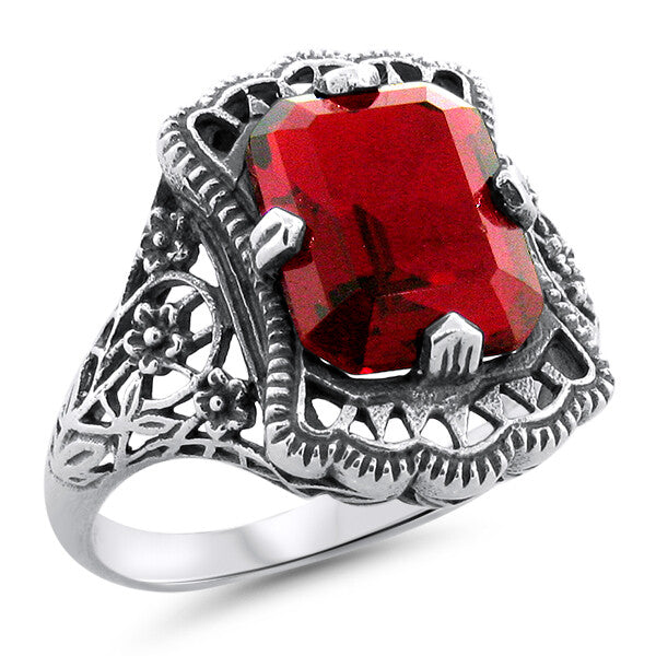 VIVID RED VINTAGE STYLE 925 STERLING SILVER SIMULATED RUBY FILIGREE RING   #1225