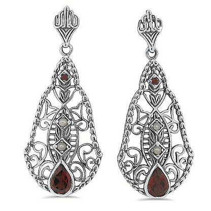 VINTAGE STYLE GENUINE GARNET & PEARL 925 STERLING SILVER EARRINGS           #660