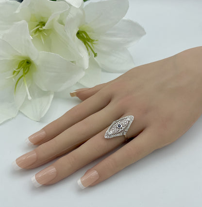 925 STERLING SILVER ART DECO STYLE LAB-CREATED SAPPHIRE & CZ RING           833z