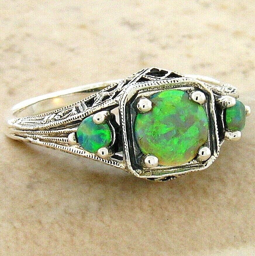 3 STONE DECO ANTIQUE STYLE 925 STERLING SILVER LAB-CREATED GREEN OPAL RING  #411