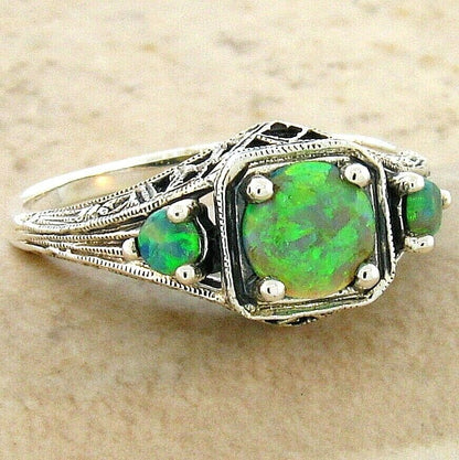 3 STONE DECO ANTIQUE STYLE 925 STERLING SILVER LAB-CREATED GREEN OPAL RING  #411