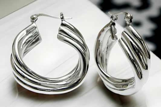 925 Sterling Silver Ripple Hoops - Unique Twisted Lightweight Earrings 1468