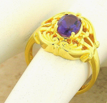 GENUINE AMETHYST ANTIQUE STYLE 24K GP OVER 925 SOLID STERLING SILVER RING   #576