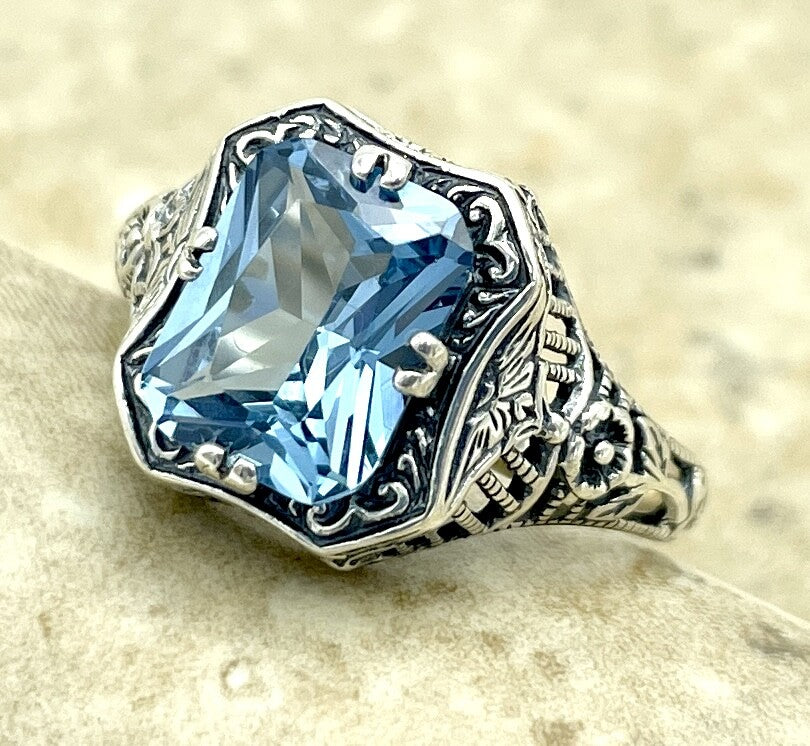 925 STERLING SILVER FILIGREE RING ANTIQUE DESIGN SIMULATED AQUAMARINE      #1311