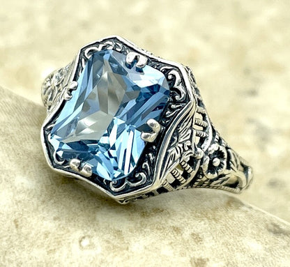 925 STERLING SILVER FILIGREE RING ANTIQUE DESIGN SIMULATED AQUAMARINE      #1311