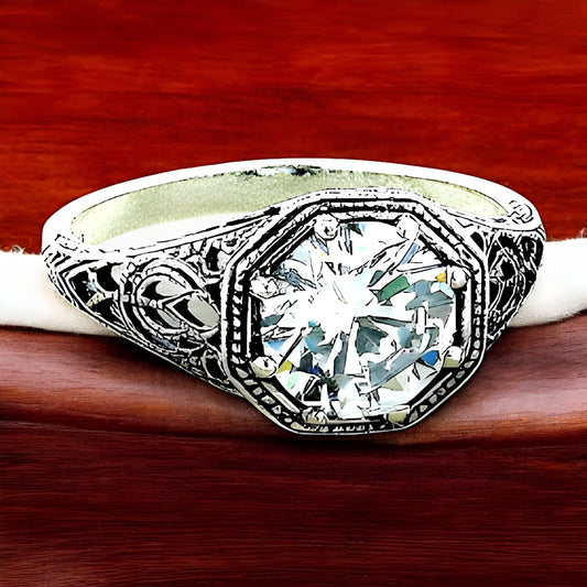 WEDDING ENGAGEMENT 925 STERLING SILVER ART DECO STYLE CZ FILIGREE RING     #1146