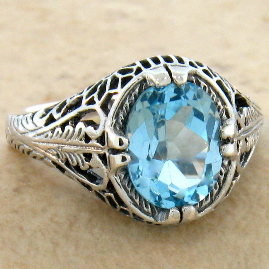 2 CT GENUINE BLUE TOPAZ CLASSIC ART DECO STYLE 925 STERLING SILVER RING     #691
