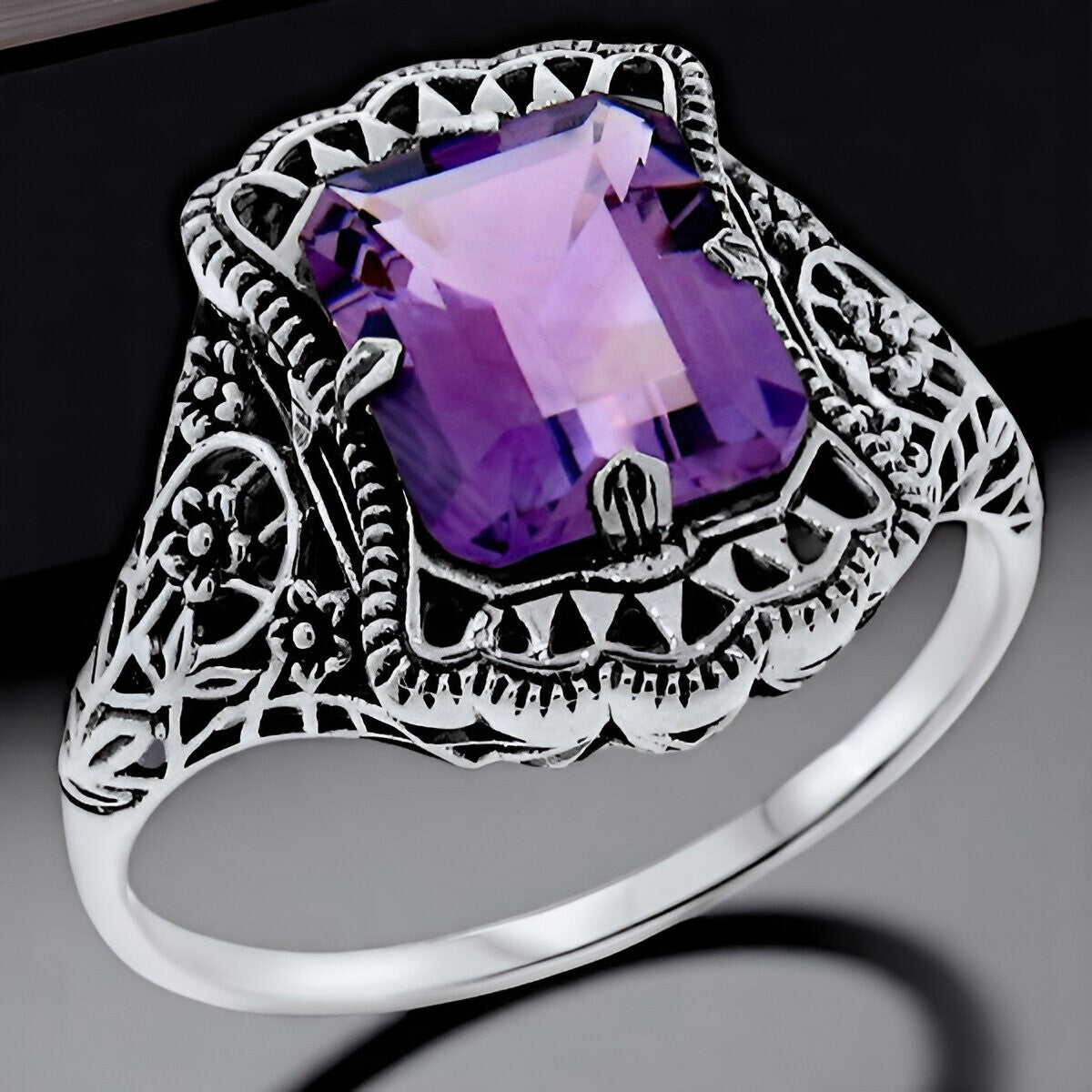 GENUINE AMETHYST 925 STERLING SILVER NOUVEAU ANTIQUE STYLE FILIGREE RING    964