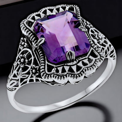 GENUINE AMETHYST 925 STERLING SILVER NOUVEAU ANTIQUE STYLE FILIGREE RING    964