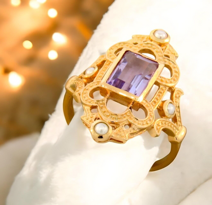 VINTAGE STYLE GENUINE AMETHYST & PEARL ROSE GOLD OVERLAY 925 SILVER RING  #830
