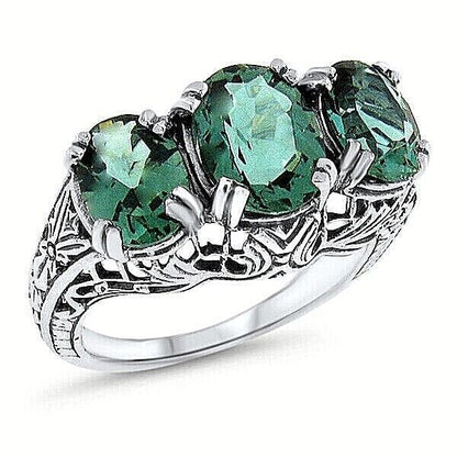 3 STONE 925 STERLING SILVER ART DECO STYLE 3.50 CT SIMULATED EMERALD RING   #639