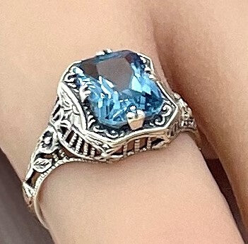 925 STERLING SILVER FILIGREE RING ANTIQUE DESIGN SIMULATED AQUAMARINE      #1311
