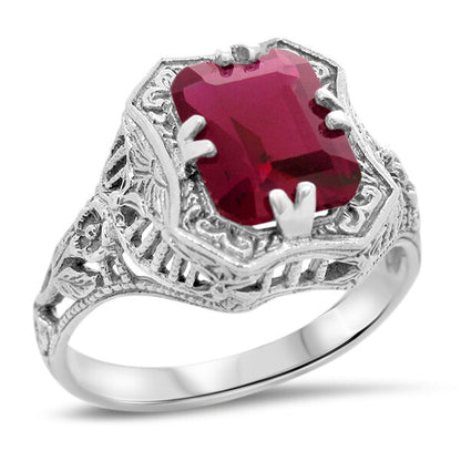 VIVID RED ANTIQUE STYLE 925 STERLING SILVER LAB-CREATED RUBY FILIGREE RING  1338