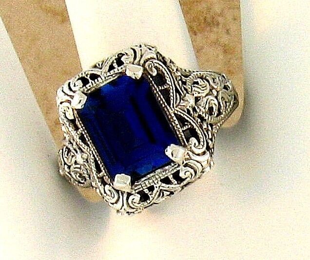 925 STERLING SILVER 4 Ct LAB-CREATED SAPPHIRE ART DECO STYLE FILIGREE RING  #074