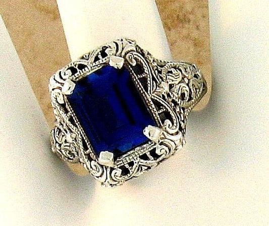925 STERLING SILVER 4 Ct LAB-CREATED SAPPHIRE ART DECO STYLE FILIGREE RING  #074