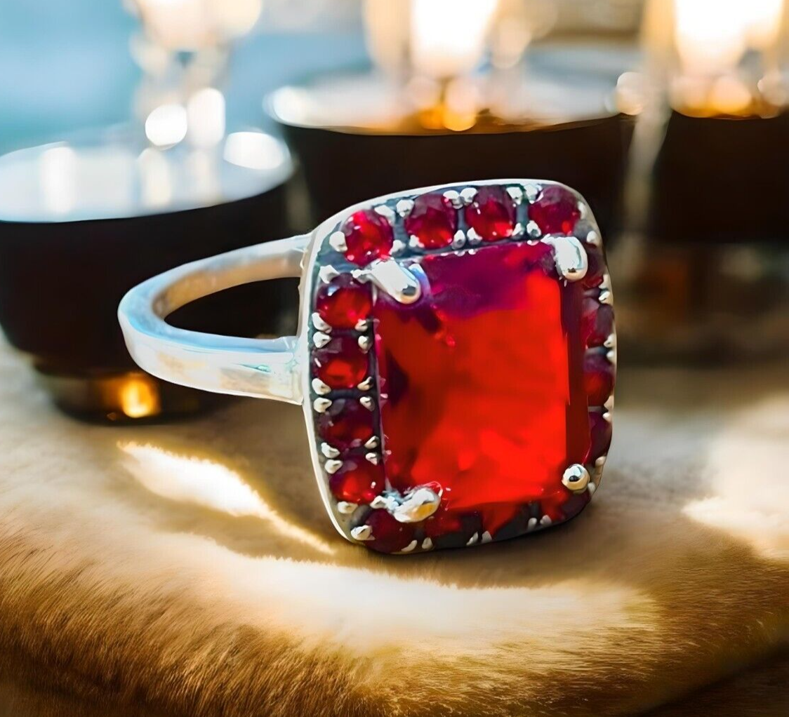 VINTAGE STYLE VIVID RED SIMULATED RUBY 925 SOLID STERLING SILVER RING 1800