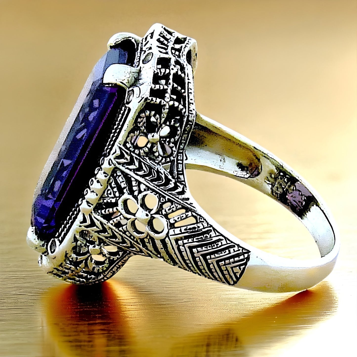 VINTAGE STYLE 925 STERLING SILVER 9 CT PURPLE LAB-CREATED SAPPHIRE RING 1443