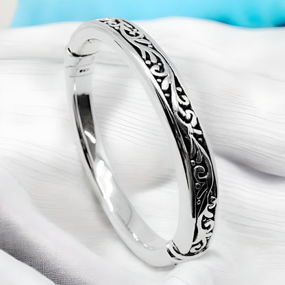 925 Sterling Silver Filigree 6.75" Hinged Bangle Bracelet, Lightweight 1273