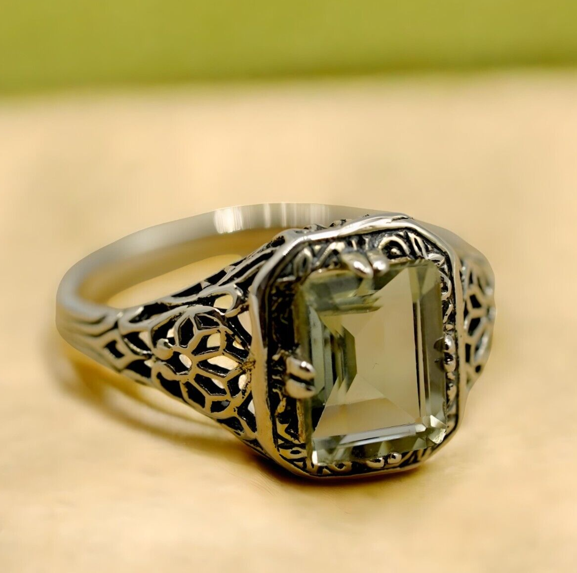 VINTAGE STYLE 925 STERLING SILVER GENUINE GREEN AMETHYST FILIGREE RING 1787