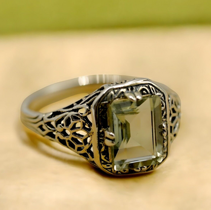 VINTAGE STYLE 925 STERLING SILVER GENUINE GREEN AMETHYST FILIGREE RING 1787