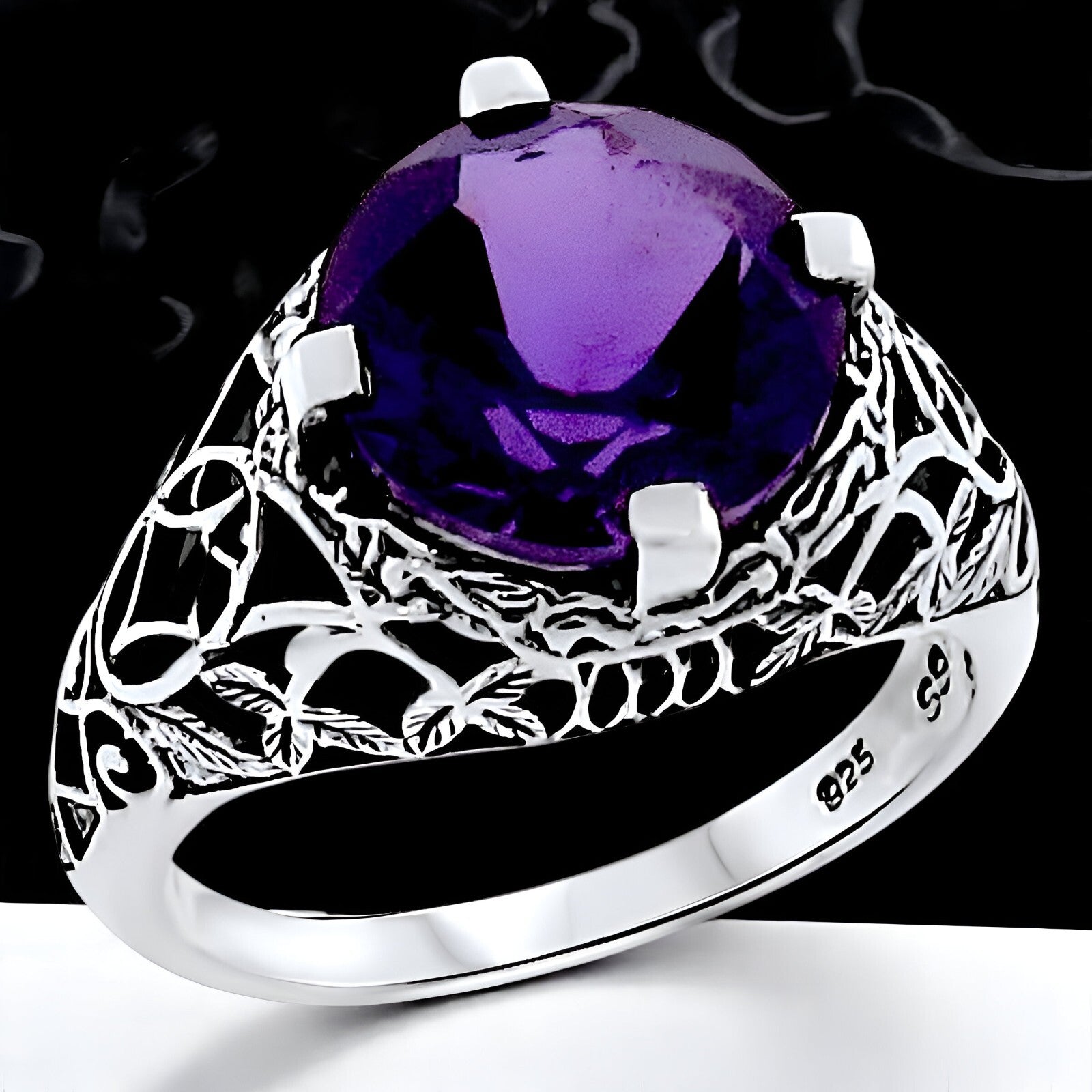 925 STERLING SILVER ANTIQUE STYLE 3 CARAT LAB AMETHYST FILIGREE RING   #155