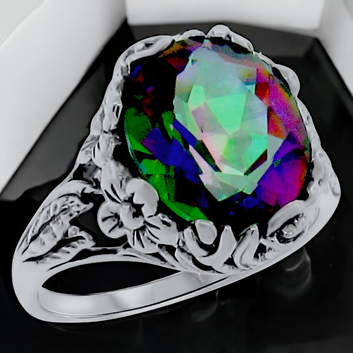 4 Ct RAINBOW MYSTIC QUARTZ ART NOUVEAU STYLE 925 SOLID STERLING SILVER RING #277