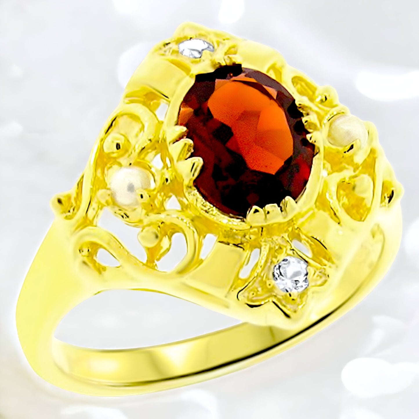 VINTAGE STYLE GENUINE GARNET 925 SOLID STERLING SILVER RING 24K GOLD FINISH 1039