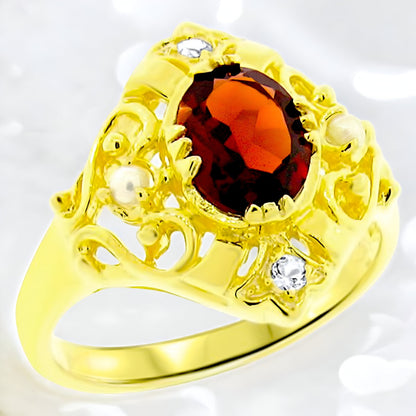VINTAGE STYLE GENUINE GARNET 925 SOLID STERLING SILVER RING 24K GOLD FINISH 1039