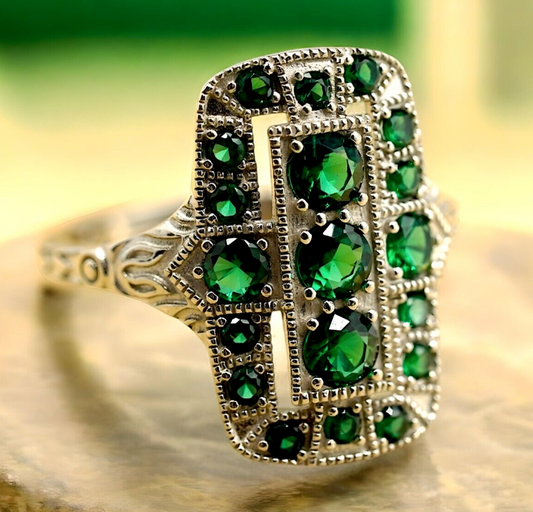 VINTAGE STYLE 925 SOLID STERLING SILVER SIMULATED EMERALD RHODIUM RING 1786