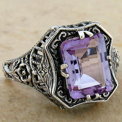 GENUINE AMETHYST 925 STERLING SILVER ART DECO STYLE SOLITAIRE FILIGREE RING #244