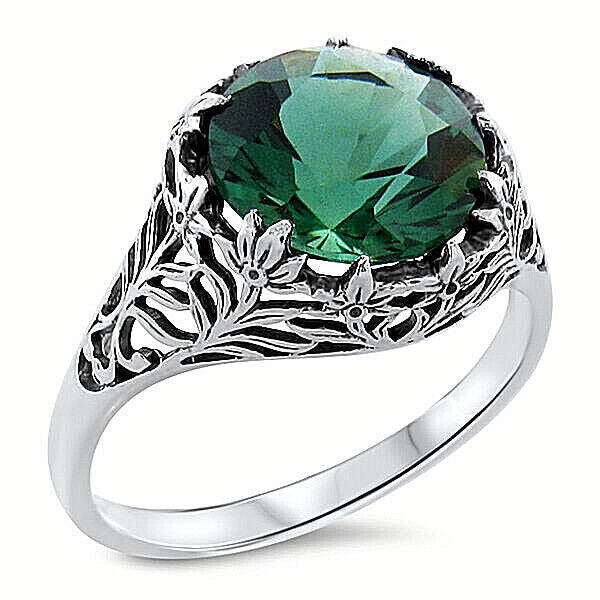925 STERLING SILVER FILIGREE VICTORIAN STYLE SIMULATED EMERALD 3.50 Ct RING 445Z