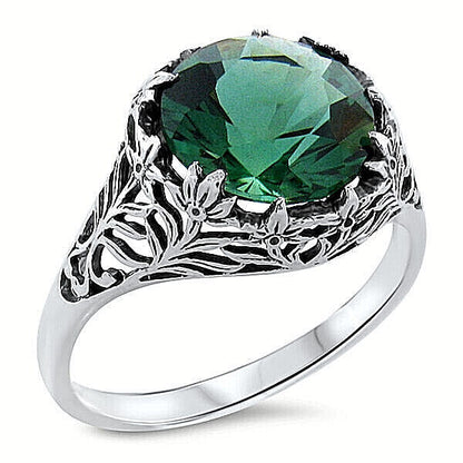 925 STERLING SILVER FILIGREE VICTORIAN STYLE SIMULATED EMERALD 3.50 Ct RING 445Z