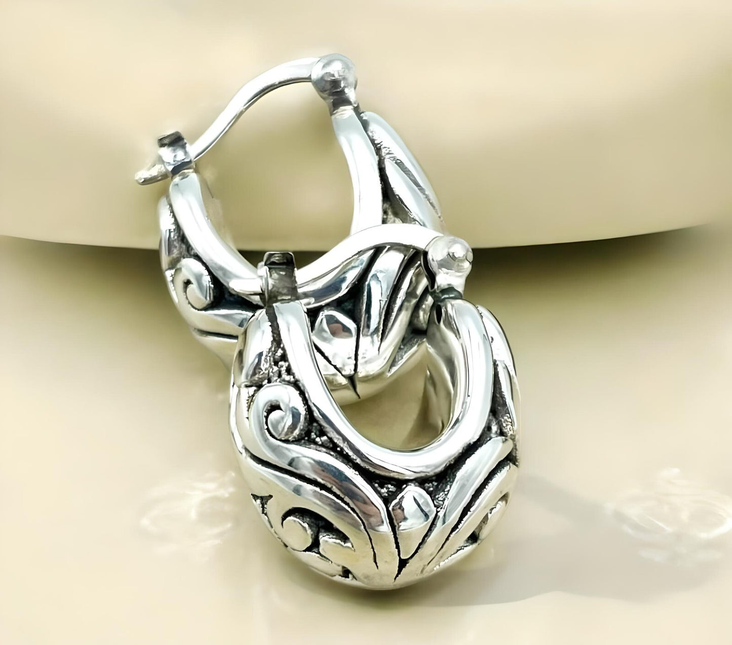 925 Sterling Silver Filigree Design Hoop Earrings, Lightweight Latch Back 1386