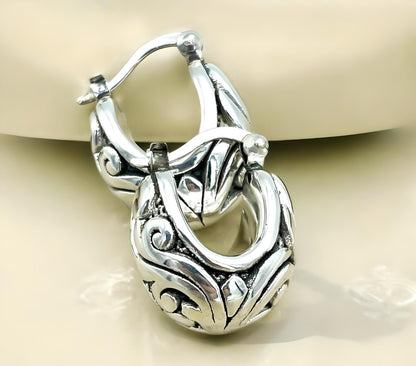 925 Sterling Silver Filigree Design Hoop Earrings, Lightweight Latch Back 1386