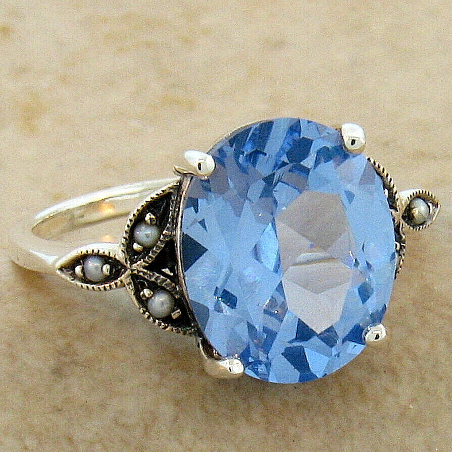 VICTORIAN STYLE 925 STERLING SILVER SIMULATED 5 CT AQUAMARINE PEARL RING    #385