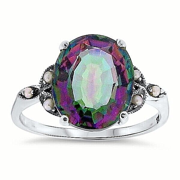 5 Ct RAINBOW MYSTIC QUARTZ 925 STERLING SILVER ANTIQUE STYLE VICTORIAN RING 094Z